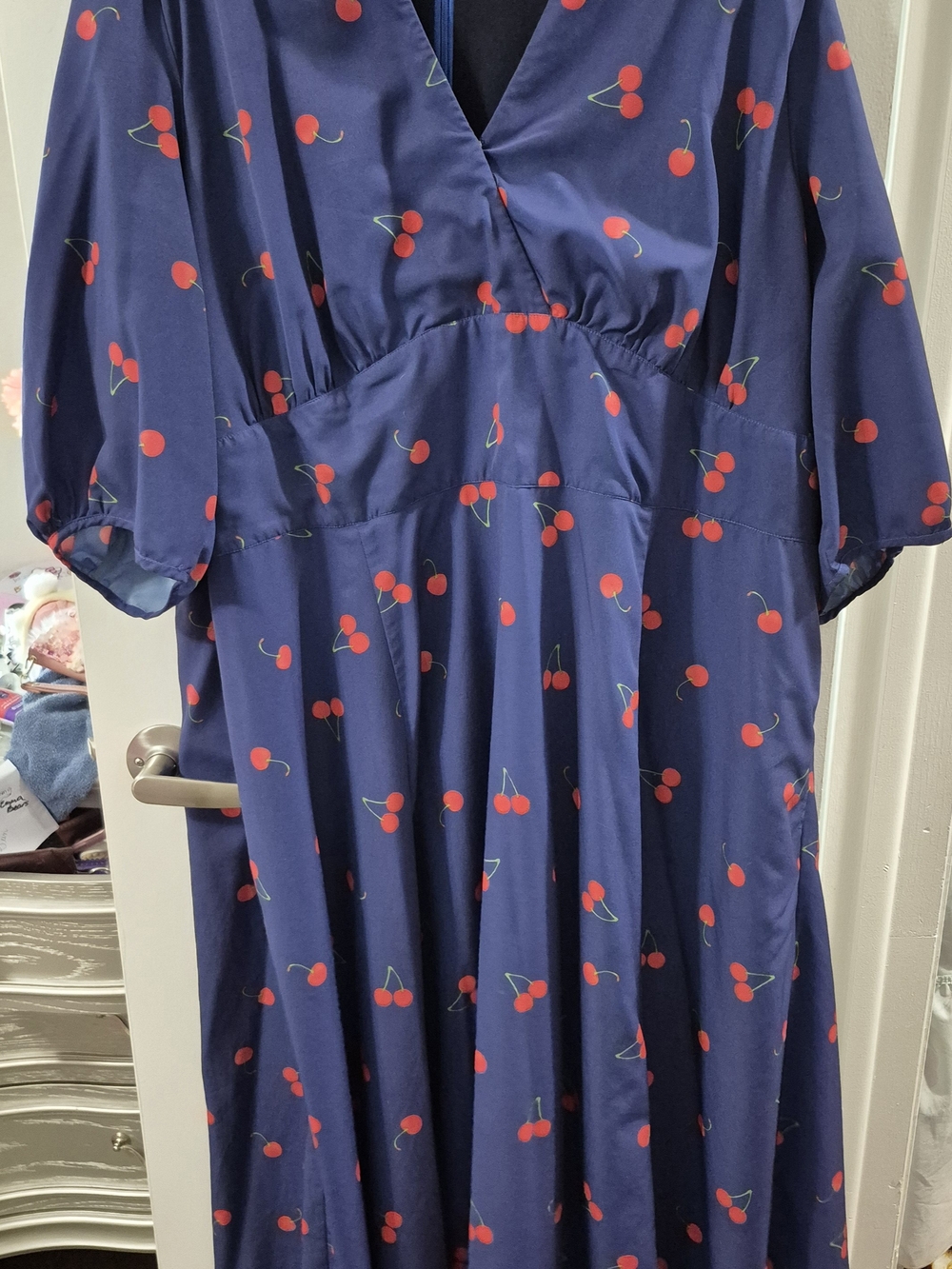 eshakti Navy Midi Dress with Red Cherry Print